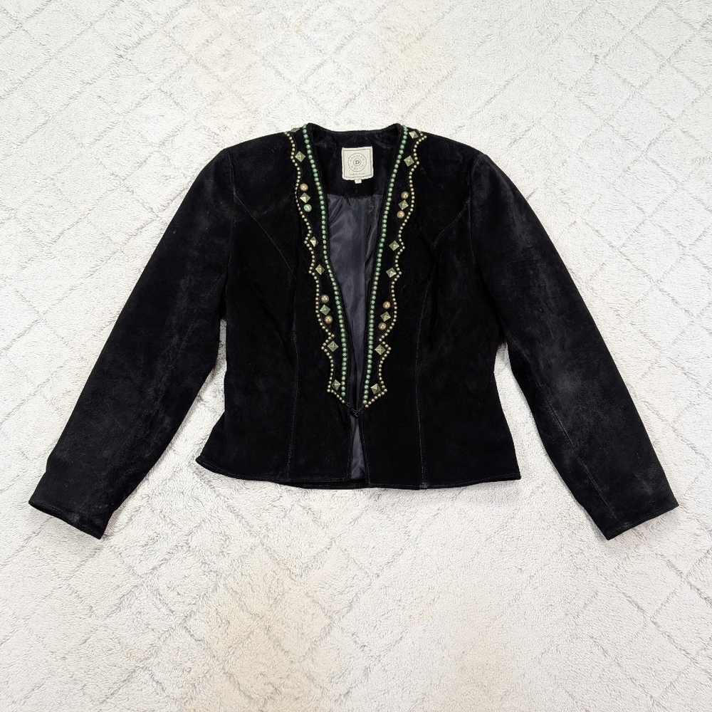 Double D Ranch Jacket Womens S Black Leather Suede Bronze Studded Patina Western
